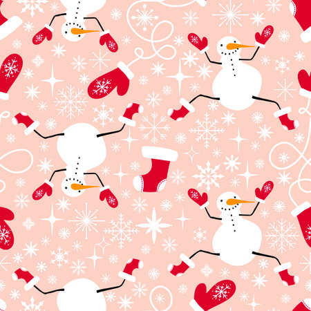 Cartoon winter ice seamless snowman pattern for wrapping paper and Christmas packaging and fabrics and lines and kids print and festive accessories and new year presents. High quality illustrationの写真素材