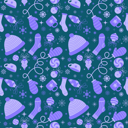 Christmas tree balls seamless gloves and hat and socks and candy pattern for wrapping paper and fabrics and kids print and winter accessories and new year packaging. High quality illustrationの写真素材
