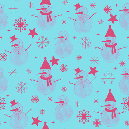Winter ice seamless Christmas watercolor snowman pattern for wrapping paper and fabrics and lines and kids clothes print and new year accessories and festive packaging. High quality illustrationの写真素材