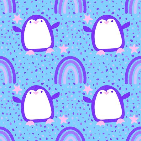 Watercolor rainbow seamless penguin and love pattern for wrapping paper and fabrics and lines and kids clothes print and winter accessories and festive packaging. High quality illustrationの写真素材