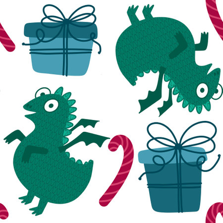 Cartoon animals seamless dragon pattern for wrapping paper and fabrics and lines and kids clothes print and dinosaur packaging and monsters accessories. High quality illustrationの写真素材