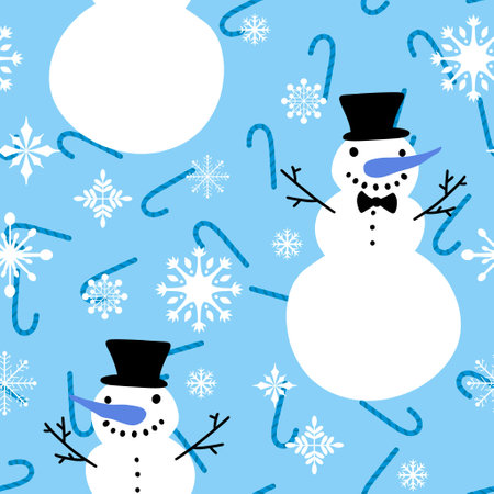 Cartoon winter ice seamless snowman and snowflakes pattern for wrapping paper and fabrics and lines and Christmas packaging and new year accessories. High quality illustrationの写真素材