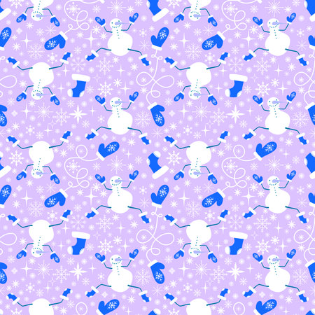 Cartoon winter ice seamless snowman pattern for wrapping paper and Christmas packaging and fabrics and lines and kids print and festive accessories and new year presents. High quality illustrationの写真素材