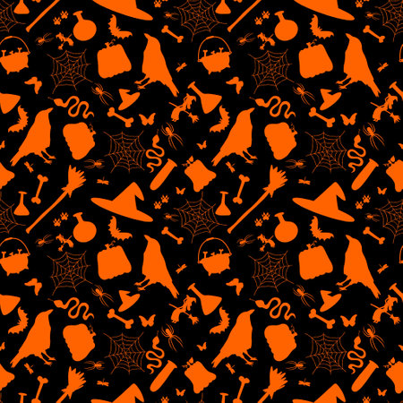 Cartoon doodle Halloween seamless witch and pumpkins and hat and bones and raven pattern for fabrics and kids print and wrapping paper and autumn festive packaging. High quality illustrationの写真素材