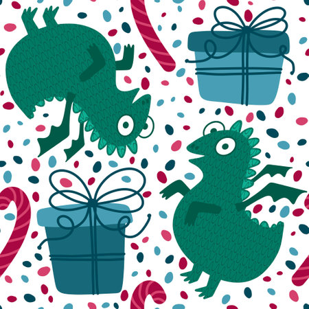 Cartoon animals seamless dragon pattern for wrapping paper and fabrics and lines and kids clothes print and dinosaur packaging and monsters accessories. High quality illustrationの写真素材