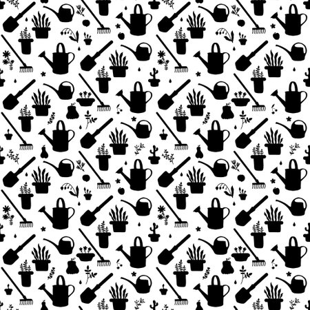 Garden tools seamless shovels and watering can and rake pattern for wrapping paper and fabrics and lines and summer textiles and shops packaging. High quality illustrationの写真素材