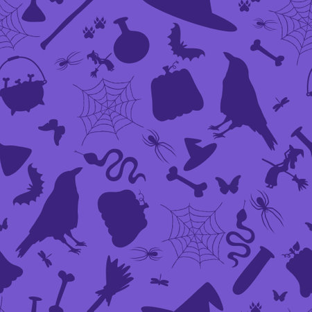 Cartoon doodle Halloween seamless witch and pumpkins and hat and bones and raven pattern for fabrics and kids print and wrapping paper and autumn festive packaging. High quality illustrationの写真素材