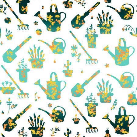 Garden tools seamless shovels and watering can and rake pattern for wrapping paper and fabrics and lines and summer textiles and shops packaging. High quality illustrationの写真素材