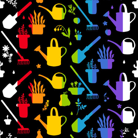 Garden tools seamless shovels and watering can and rake pattern for wrapping paper and fabrics and lines and summer textiles and shops packaging. High quality illustrationの写真素材
