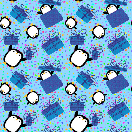 Christmas animals seamless penguin and gift box pattern for wrapping paper and fabrics and kids clothes print and new year packaging and winter accessories. High quality illustrationの写真素材