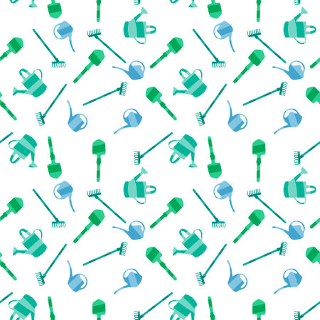 Garden tools seamless shovels and watering can and rake pattern for wrapping paper and fabrics and lines and summer textiles and shops packaging. High quality illustrationの写真素材