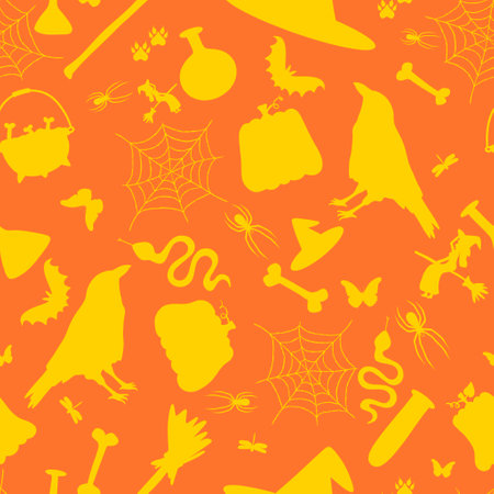 Cartoon doodle Halloween seamless witch and pumpkins and hat and bones and raven pattern for fabrics and kids print and wrapping paper and autumn festive packaging. High quality illustrationの写真素材