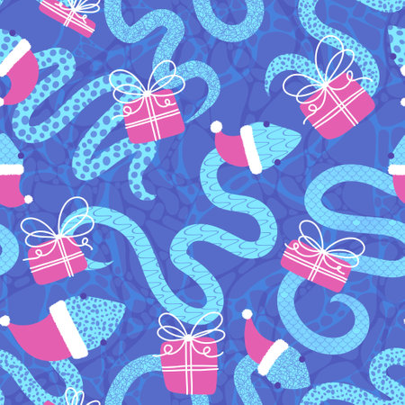 Christmas cartoon animals seamless snake and Santa hat pattern for new year wrapping paper and...
