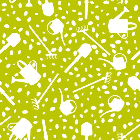 Garden tools seamless shovels and watering can and rake pattern for wrapping paper and fabrics and lines and summer textiles and shops packaging. High quality illustrationの写真素材
