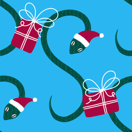 Christmas cartoon animals seamless snake and Santa hat pattern for new year wrapping paper and fabrics and lines and kids clothes print and festive packaging. High quality illustrationの写真素材