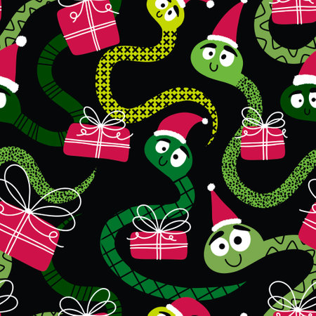 Christmas cartoon animals seamless snake and Santa hat pattern for new year wrapping paper and fabrics and lines and kids clothes print and festive packaging. High quality illustrationの写真素材