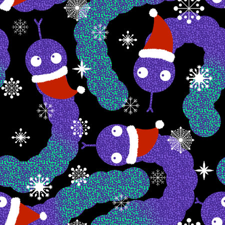 Christmas cartoon animals seamless snake and Santa hat pattern for new year wrapping paper and fabricsの写真素材