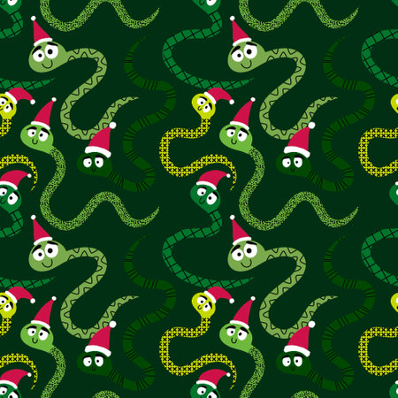 Christmas cartoon animals seamless snake and Santa hat pattern for new year wrapping paper and fabrics and lines and kids clothes print and festive packaging. High quality illustrationの写真素材