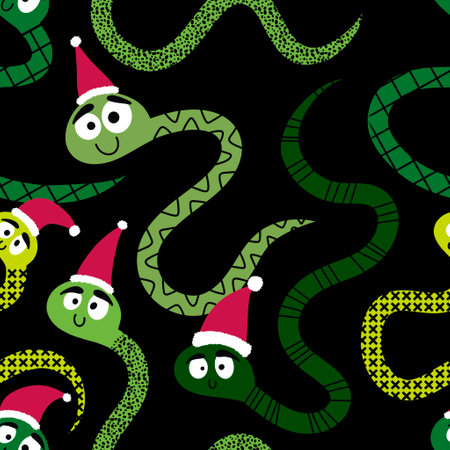 Christmas cartoon animals seamless snake and Santa hat pattern for new year wrapping paper and fabrics and lines and kids clothes print and festive packaging. High quality illustrationの写真素材