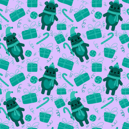 Christmas animals seamless bears pattern for wrapping paper and fabrics and lines and kids clothes print and winter accessories and new year packaging. High quality illustrationの写真素材