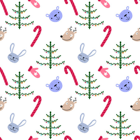 Christmas tree seamless bunnies and bears and deer and gloves pattern for wrapping paper and fabrics and new year packaging and Noel accessories and kids clothes print. High quality illustrationの写真素材