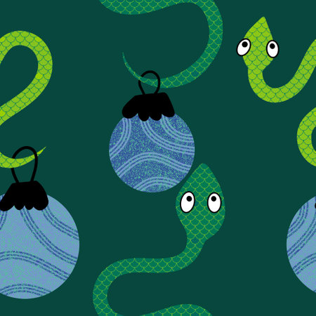 Christmas tree balls seamless snake pattern for wrapping paper and fabrics and new 2025 year accessories and kids clothes print and festive accessories. High quality illustrationの写真素材