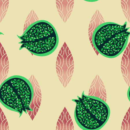 Abstract fruit and leaves seamless pomegranate pattern for wrapping paper and fabrics and lines and kids clothes print and kitchen textiles and home accessories. High quality illustrationの写真素材