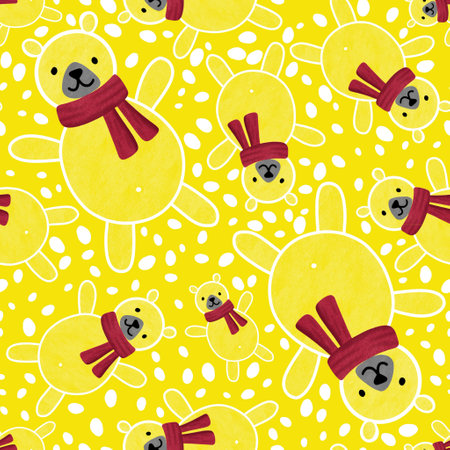 Cartoon winter animals seamless bears and scarf pattern for Christmas wrapping paper and fabrics and lines and kids clothes print and birthday packaging and party. High quality illustrationの写真素材
