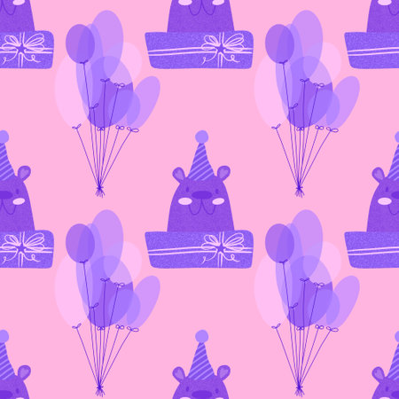 Cartoon party animals seamless bears and gift box and balloons pattern for birthday wrapping paper and fabrics and packaging festive and celebration accessories. High quality illustrationの写真素材