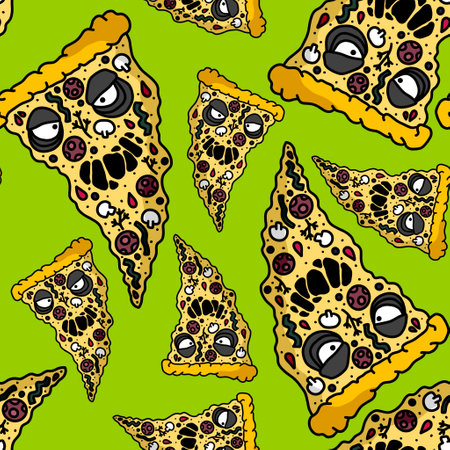 Cartoon monsters Halloween seamless pizza pattern for wrapping paper and fabrics and kids clothes print and festive accessories and summer packaging. High quality illustrationの写真素材
