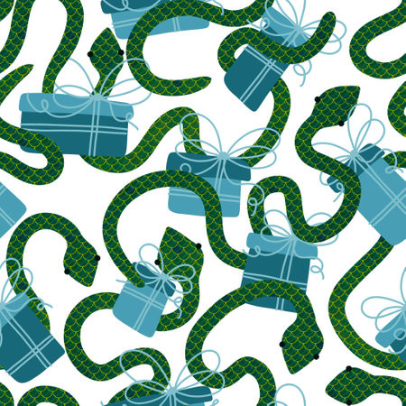 Christmas cartoon animals seamless snake and gift box pattern for new year wrapping paper and...