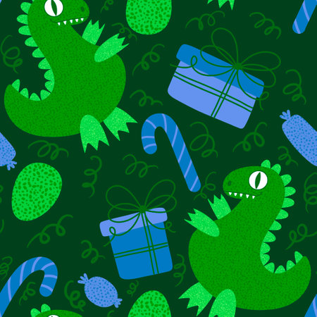 Christmas tree seamless dragon and gift box and balls and penguin pattern for wrapping paper and fabrics and winter accessories and kids print and Noel packaging and party. High quality illustrationの写真素材
