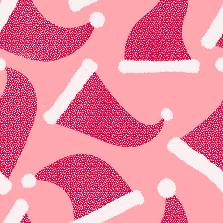 Christmas cartoon doodle seamless Santa hat pattern for wrapping paper and fabrics and lines and kids clothes print and new year accessories and winter packaging. High quality illustrationの写真素材