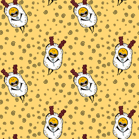 Scrambled eggs retro cartoon seamless pattern for wrapping paper and fabrics and lines and kids clothes print and restaurants menu packaging and kitchen accessories. High quality illustrationの写真素材