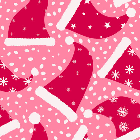 Christmas cartoon doodle seamless Santa hat pattern for wrapping paper and fabrics and lines and kids clothes print and new year accessories and winter packaging. High quality illustrationの写真素材