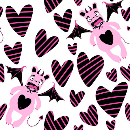 Love monsters with wings pattern for wrapping paper and fabrics and lines and kids clothes print and festive packaging and February packaging. High quality illustrationの写真素材