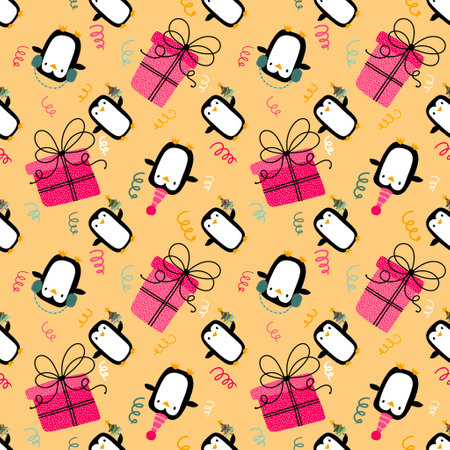 Christmas cartoon animals seamless penguin pattern for wrapping paper and fabrics and festive packaging and kids print and birthday accessories and party clothes. High quality illustrationの写真素材