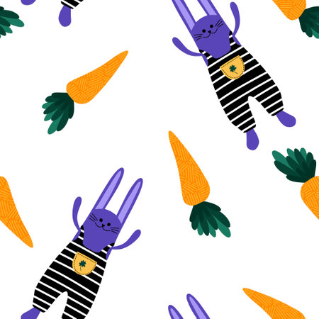 Easter cartoon rabbit seamless carrot pattern for wrapping paper and fabrics and lines and kitchen textiles and festive packaging and spring accessories. High quality illustrationの写真素材