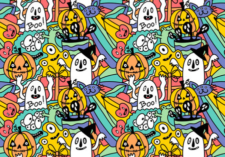 Halloween cartoon doodle seamless pumpkins and ghost pattern for wrapping paper and fabrics and lines and kids clothes print and packaging festive and autumn accessories. High quality illustrationの写真素材