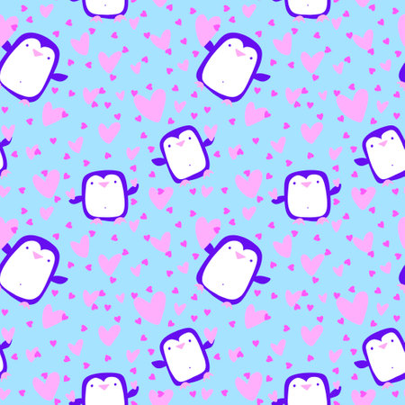 Valentines hearts seamless penguin and love pattern for wrapping paper and fabrics and lines and kids clothes print and festive packaging and party accessories. High quality illustrationの写真素材
