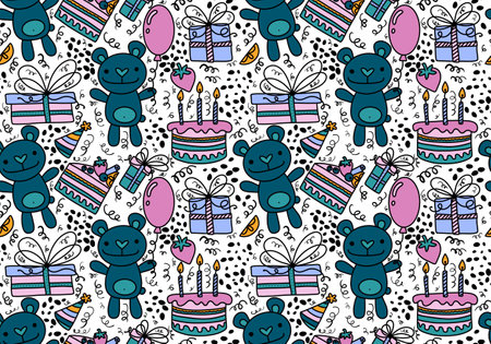 Cartoon animals seamless birthday party with bears and balloons and cake and gift box pattern for wrapping paper and fabrics and kids clothes print. High quality illustrationの写真素材
