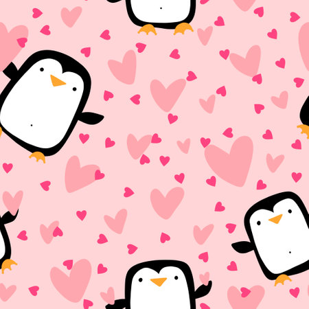 Valentines hearts seamless penguin and love pattern for wrapping paper and fabrics and lines and kids clothes print and festive packaging and party accessories. High quality illustrationの写真素材