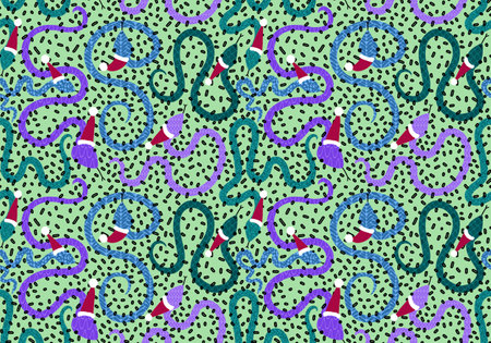 Christmas cartoon animals seamless snake and Santa hat pattern for new year wrapping paper and...
