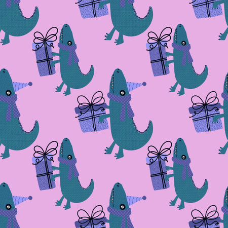 Birthday party seamless crocodile and gift box pattern for wrapping paper and fabrics and lines and kids clothes print and festive accessories and Christmas packaging. High quality illustrationの写真素材