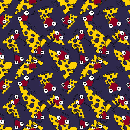 Cartoon doodle seamless glasses of wine and cheese pattern for wrapping paper and fabrics and lines and fashion textiles and party accessories and festive packaging. High quality illustrationの写真素材