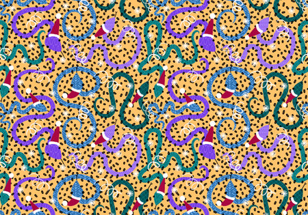 Christmas cartoon animals seamless snake and Santa hat pattern for new year wrapping paper and fabrics and lines and kids clothes print and festive packaging. High quality illustrationの写真素材