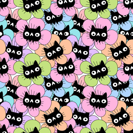 Halloween animals seamless cat ghost and flower pattern for wrapping paper and fabrics and lines and kids clothes print and festive accessories and party accessories. High quality illustrationの写真素材