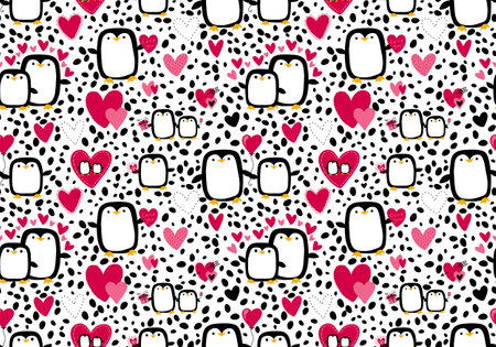 Valentines hearts seamless penguin and love pattern for wrapping paper and fabrics and lines and kids clothes print and festive packaging and party accessories. High quality illustrationの写真素材