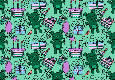 Cartoon animals seamless birthday party with bears and balloons and cake and gift box pattern for wrapping paper and fabrics and kids clothes print. High quality illustrationの写真素材