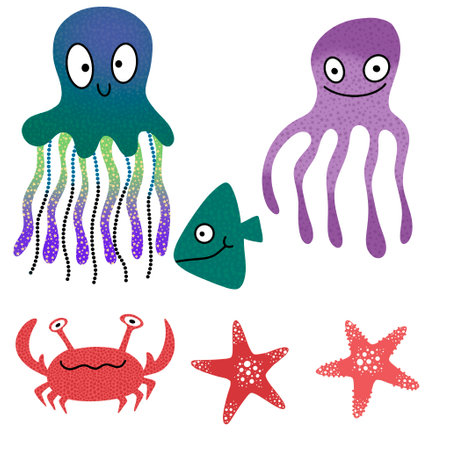 Ocean animals set jellyfish and crabs and starfish and fish and octopus pattern for wrapping paper and fabrics and kids clothes print and summer packaging. High quality illustrationの写真素材